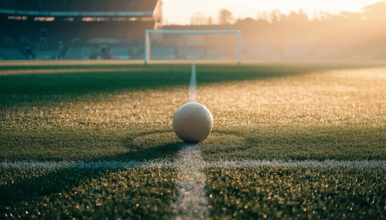 Ein einzelner Fussball liegt auf dem Anstosspunkt eines leeren Rasenplatzes am frühen Morgen, Tau glitzert auf dem Gras, die Tribüne liegt im Dunst.