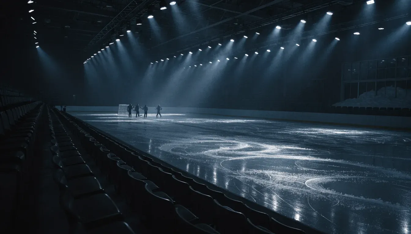Eine Eishalle von Weitem unter Flutlicht, die leere Eisfläche glänzt, auf den Rängen sitzt niemand, draussen liegt Schnee.