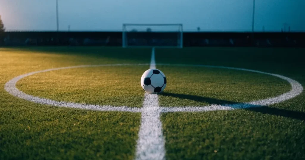 Ein Fussball liegt auf dem Mittelkreis eines Rasenfelds, die weissen Linien kreuzen sich auf dem gepflegten Gras im warmen Abendlicht.