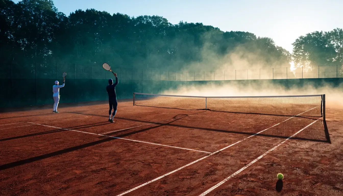 Ein Tennisplatz bei Sonnenaufgang, die Linien frisch gezogen, das Netz in der Mitte und Nebel über dem Boden.