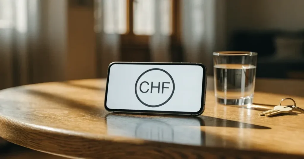 Ein Smartphone mit schwarzem Display liegt auf einem Holztisch neben einem Glas Wasser und einem Schlüsselbund.