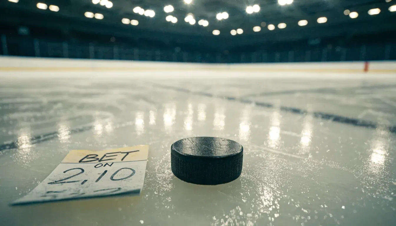Ein Eishockeypuck liegt auf dem Eis, im Hintergrund unscharf die Bande unter hellem Hallenlicht.