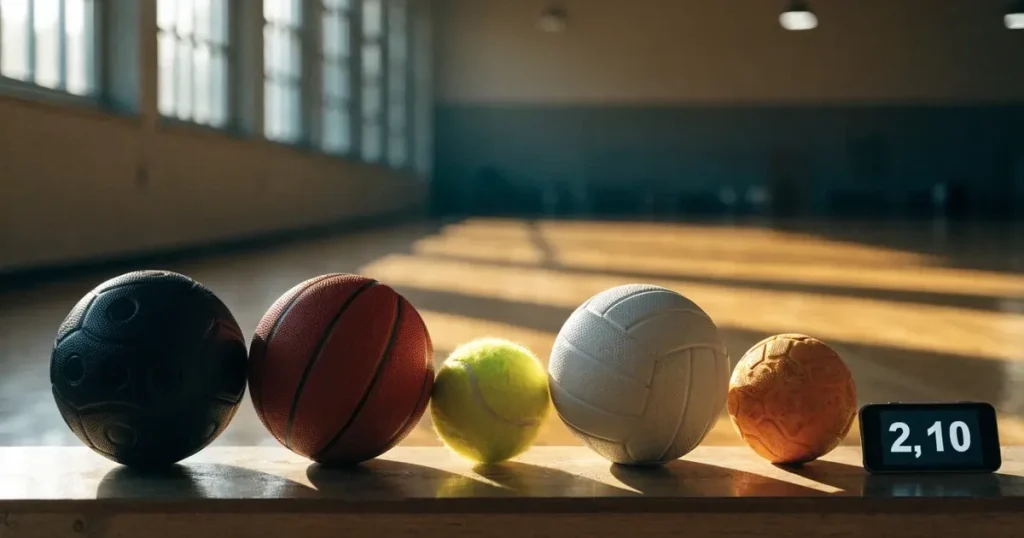 Fünf Sportbälle verschiedener Sportarten stehen in einer Reihe auf einer Holzbank in einer Turnhalle, Licht fällt durch hohe Fenster.