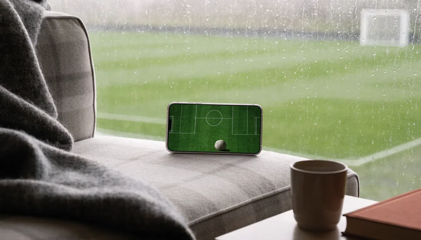 Ein Sofa mit Wolldecke steht vor einem grossen Fenster, draussen Regen und in der Ferne ein Fussballplatz.