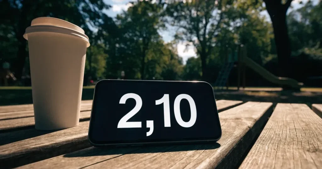 Ein Smartphone mit dunklem Display liegt auf einer Parkbank, daneben ein Kaffeebecher, im Hintergrund ein Spielplatz.