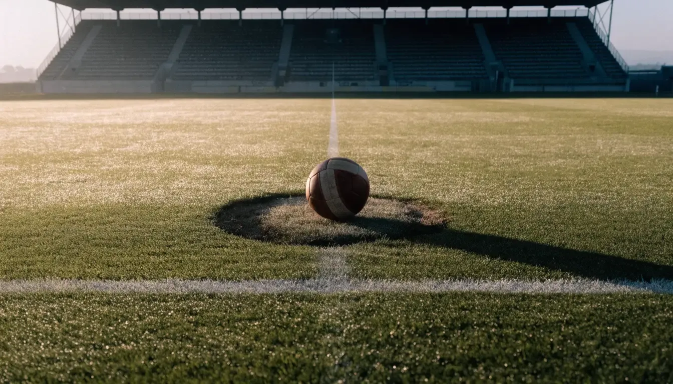 Ein Fussball liegt auf dem Anstosspunkt eines leeren Rasenplatzes im frühen Morgenlicht, dahinter erhebt sich eine menschenleere Tribüne.