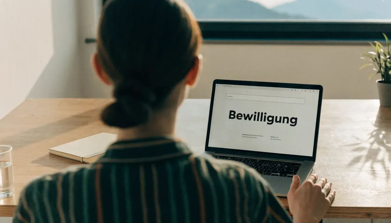 Eine Waage aus Messing steht auf einem polierten Schreibtisch in einem hellen Büro, durch das Fenster sind ferne Berge zu sehen.