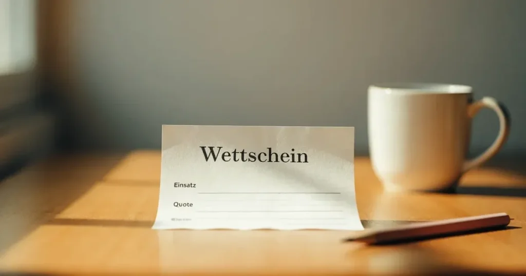 Ein leerer Wettschein aus Papier liegt auf einem Holztisch neben einem Bleistift und einem Kaffeebecher.