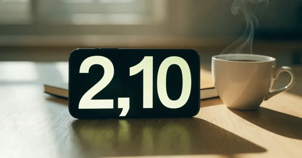 Ein Smartphone mit dunklem Display liegt neben einer Kaffeetasse auf einem hellen Tisch, daneben ein Notizblock.