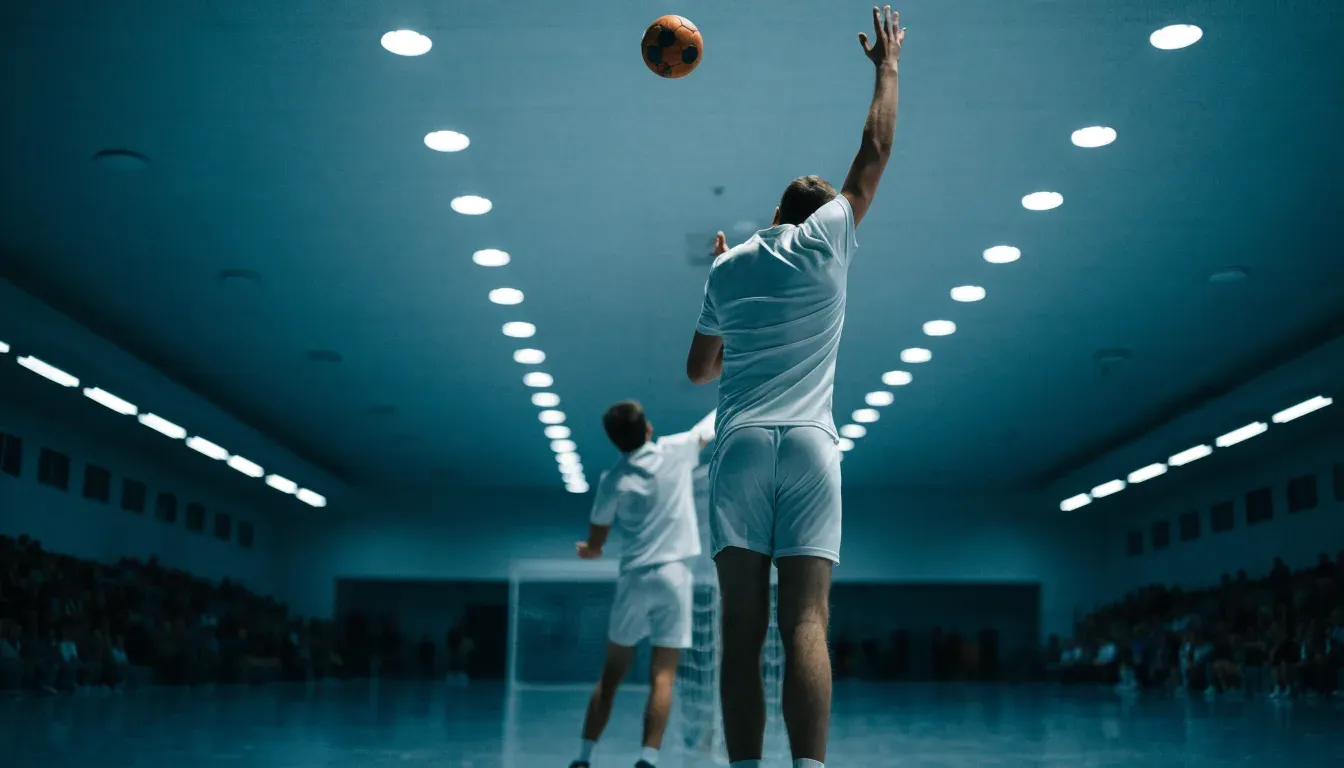 Ein Handballtor in einer leeren Sporthalle, der Ball liegt im Torraum und das Hallenlicht spiegelt sich im Parkett.
