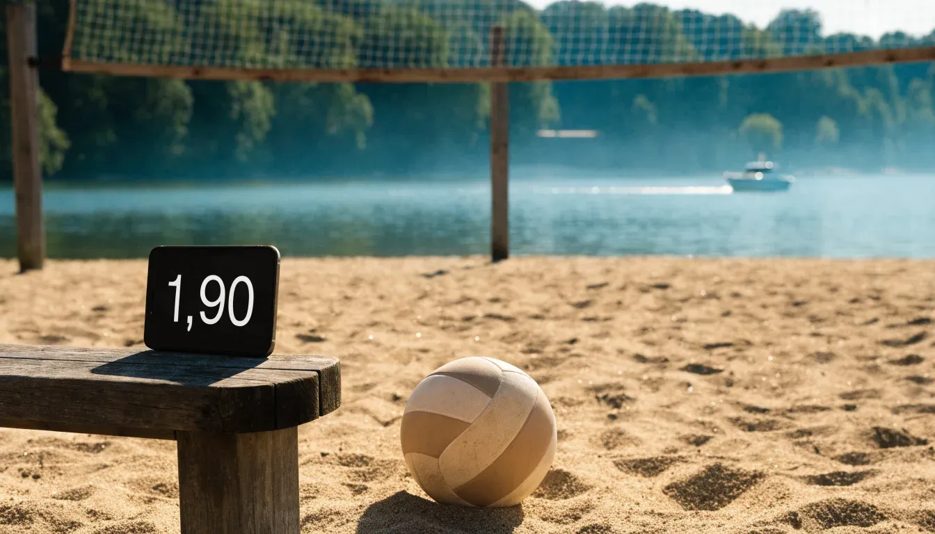 Ein Volleyball liegt im Sand eines Spielfelds am Seeufer, im Hintergrund gleitet ein Boot über das Wasser.
