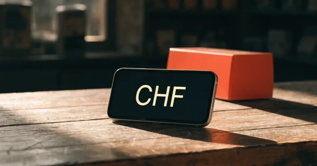 Eine Hand hält ein Smartphone mit dunklem Display knapp über eine hölzerne Ladentheke in einem kleinen Geschäft.