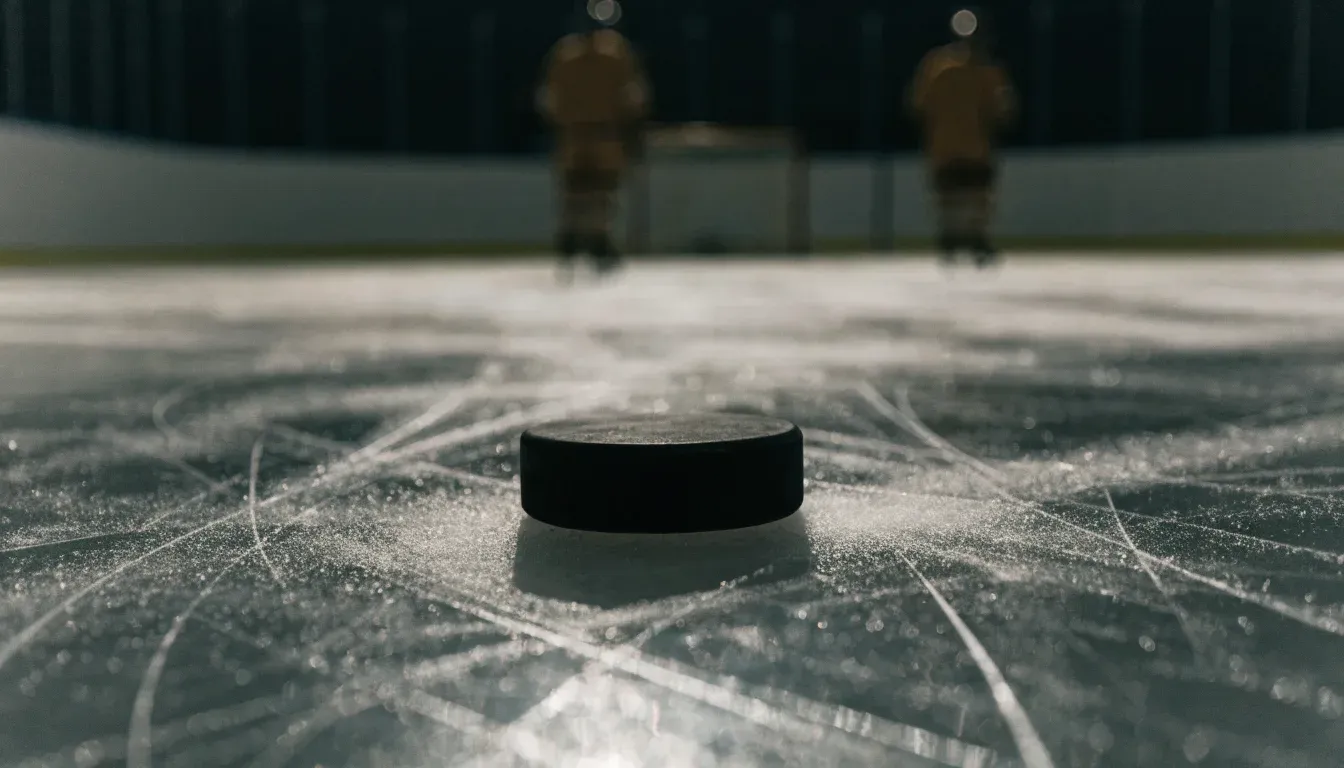Ein Eishockeypuck liegt in Grossaufnahme auf der Eisfläche, feine Kratzer im Eis glänzen im hellen Hallenlicht.
