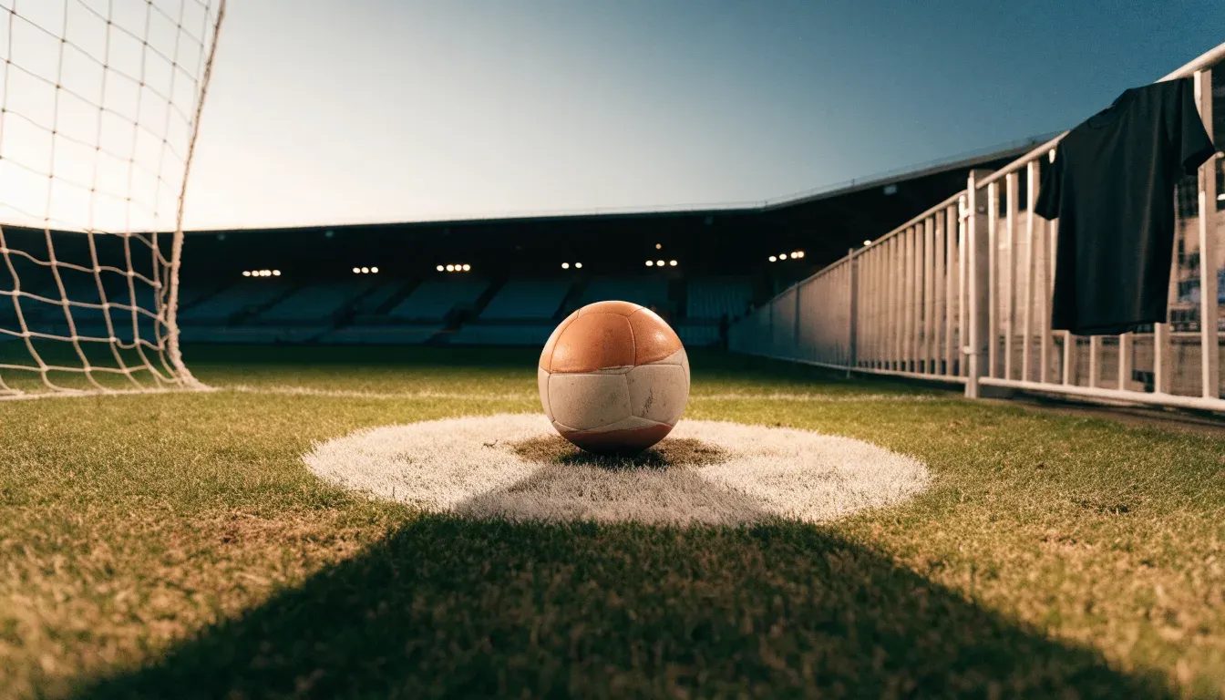 Ein Fussball liegt auf dem Mittelkreis eines leeren Rasenplatzes, dahinter ragen leere Tribünenreihen in den Abendhimmel.