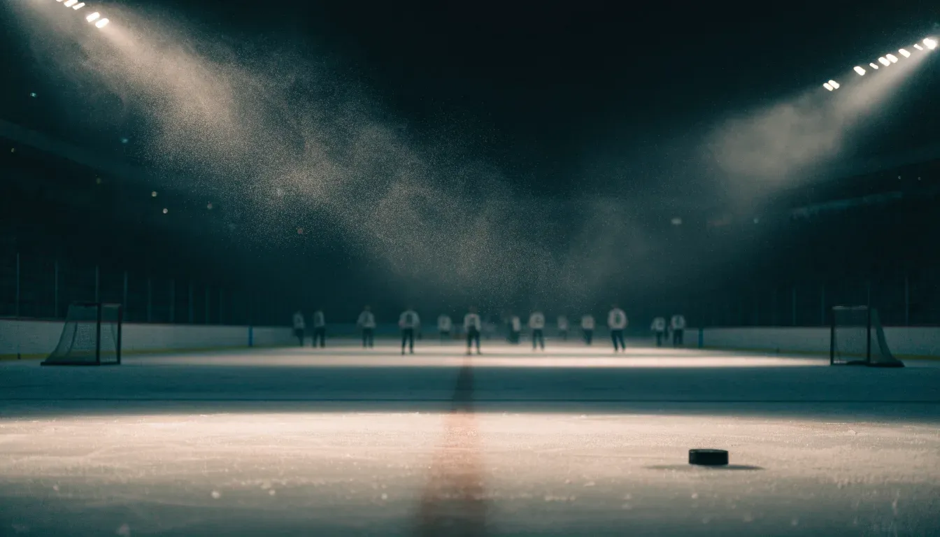 Eine Eishockeybahn liegt unter Flutlicht aus der Ferne betrachtet, leichter Schneefall treibt durch den Lichtkegel über dem Eis.
