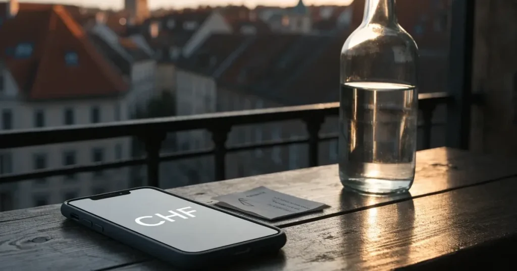 Ein Smartphone mit dunklem Display lehnt an einer Glasflasche auf einem Balkontisch, dahinter liegt eine Altstadt in der Abendsonne.