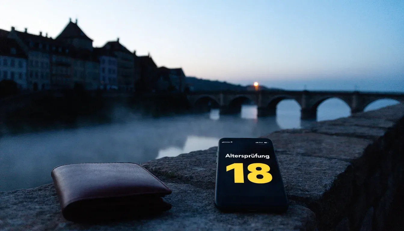 Eine steinerne Bogenbrücke überspannt am frühen Morgen einen Fluss in einer Altstadt, auf dem Wasser liegt dünner Nebel.