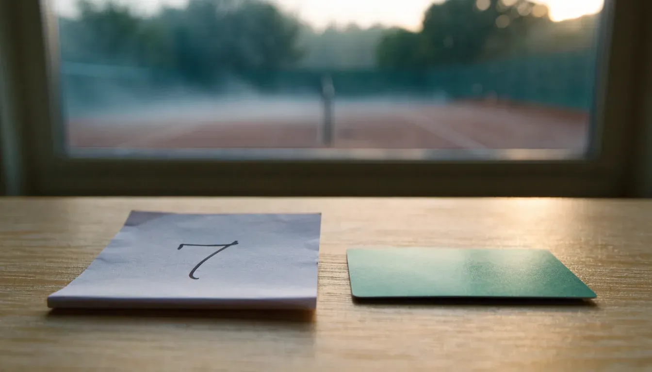 Ein Sandplatz für Tennis liegt bei Morgengrauen leer da, Tau glänzt auf dem Netz, hinter dem Zaun steigen Wiesen an.