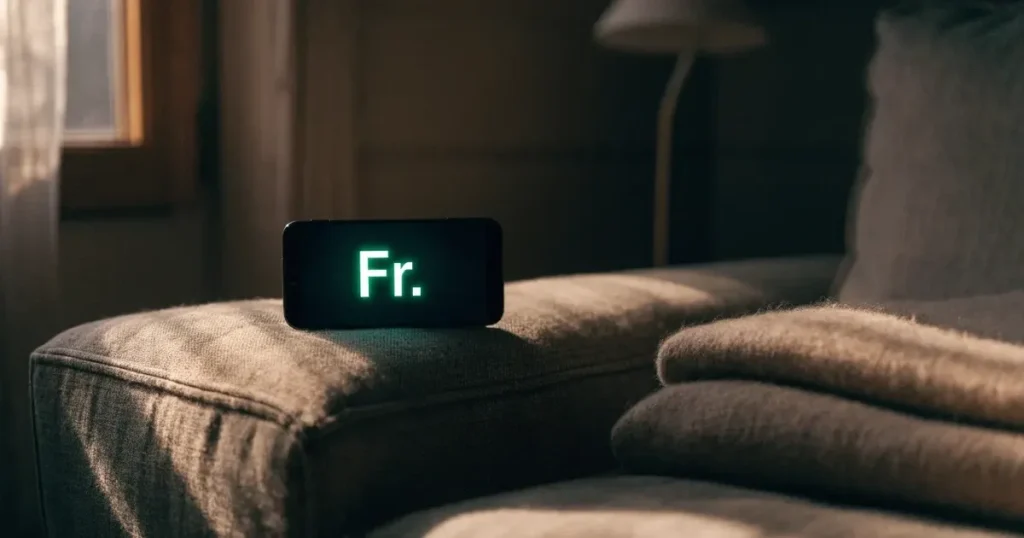 Ein Smartphone mit dunklem Display liegt auf der Lehne eines Sofas neben einer Wolldecke, warmes Abendlicht fällt ins Zimmer.