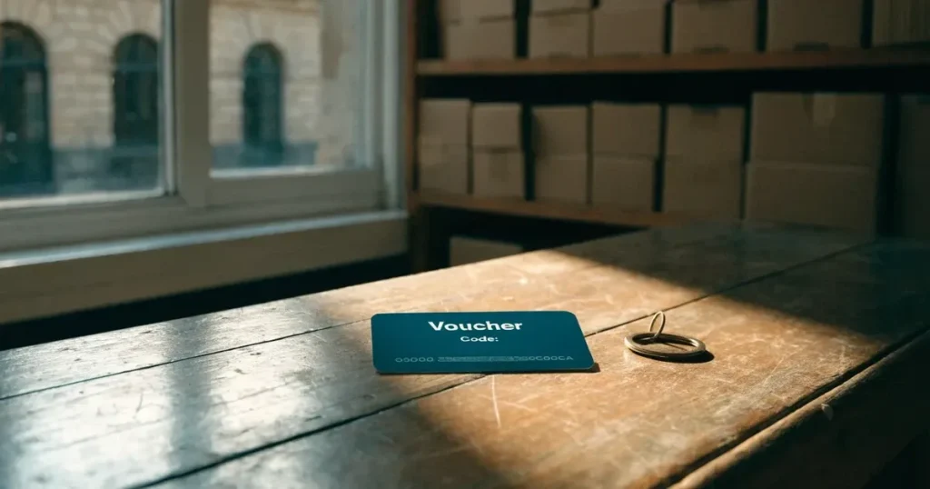 Ein schlichter brauner Umschlag liegt auf einem hölzernen Ladentresen neben einem Schlüsselbund, im Hintergrund ein volles Regal.