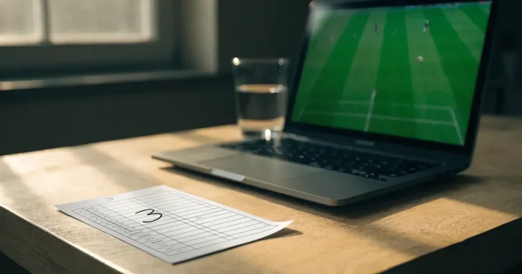 Ein geschlossener Laptop steht auf einem Küchentisch neben einem Wasserglas, durch das Fenster dahinter fällt weiches Tageslicht.
