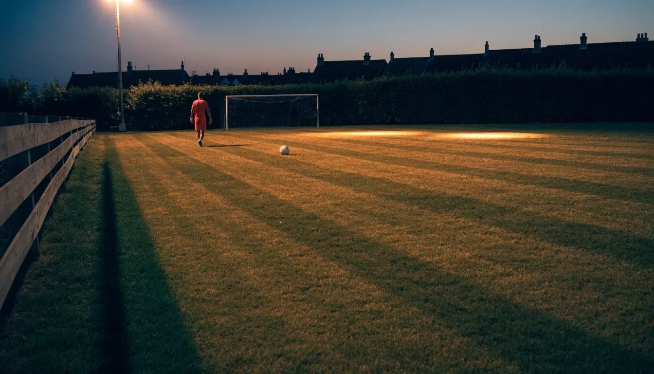 Ein kleiner Dorf-Fussballplatz liegt in der Dämmerung unter einem hohen Flutlichtmast, am Spielfeldrand steht ein Holzzaun.