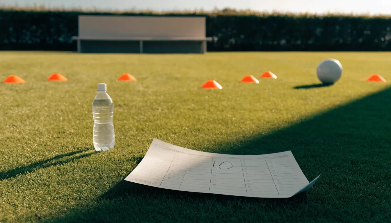 Ein Trainingsplatz zeigt eine Ersatzbank mit Trinkflasche und eine Reihe oranger Hütchen auf frisch gemähtem Rasen im Spätnachmittagslicht.