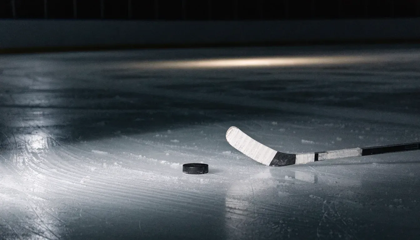 Ein Eishockeypuck liegt auf der Eisfläche neben dem Blatt eines Schlägers, die Bande dahinter ist im Dunkeln nur schwach zu erkennen.