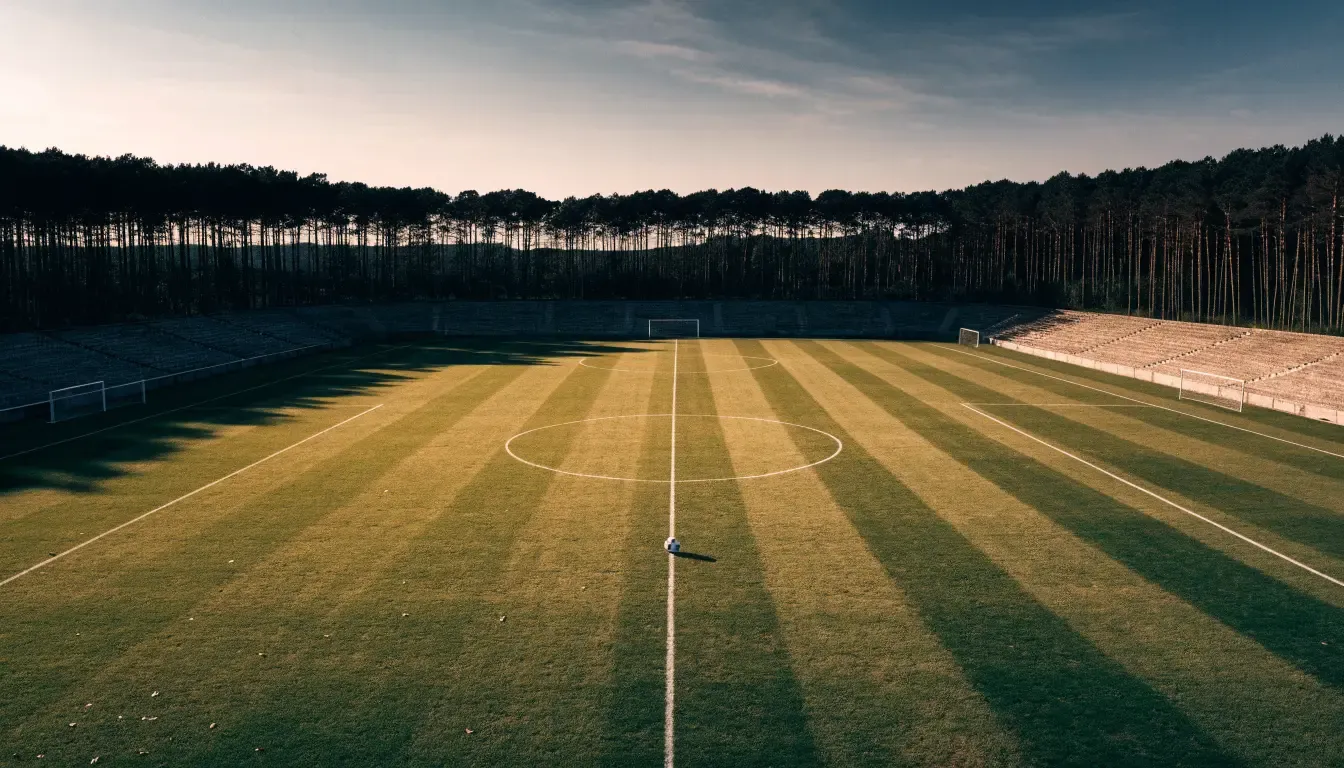 Ein Rasenplatz mit Spielfeldlinien ist von oben gesehen, ein einzelner Ball liegt in der Mitte, rundherum stehen leere Tribünen und Tannenwald.