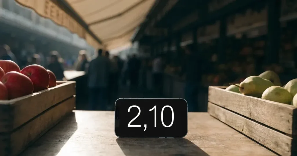 Ein Smartphone mit dunklem Display liegt auf dem Holztisch eines Marktstands zwischen Äpfeln und Birnen, morgendliches Licht fällt durch eine Plane.