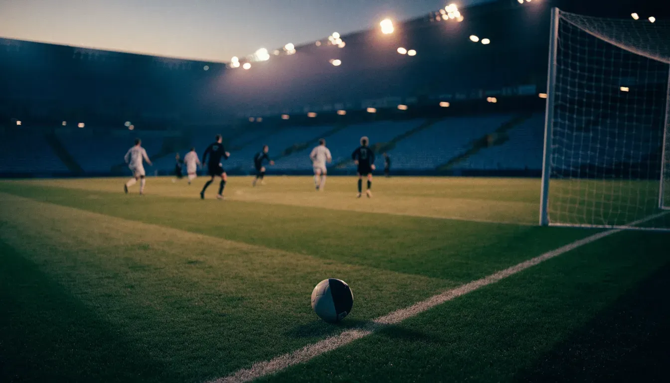 Leere Tribünenränge eines Fussballstadions in der Abenddämmerung, über dem Rasen leuchten die Flutlichter.