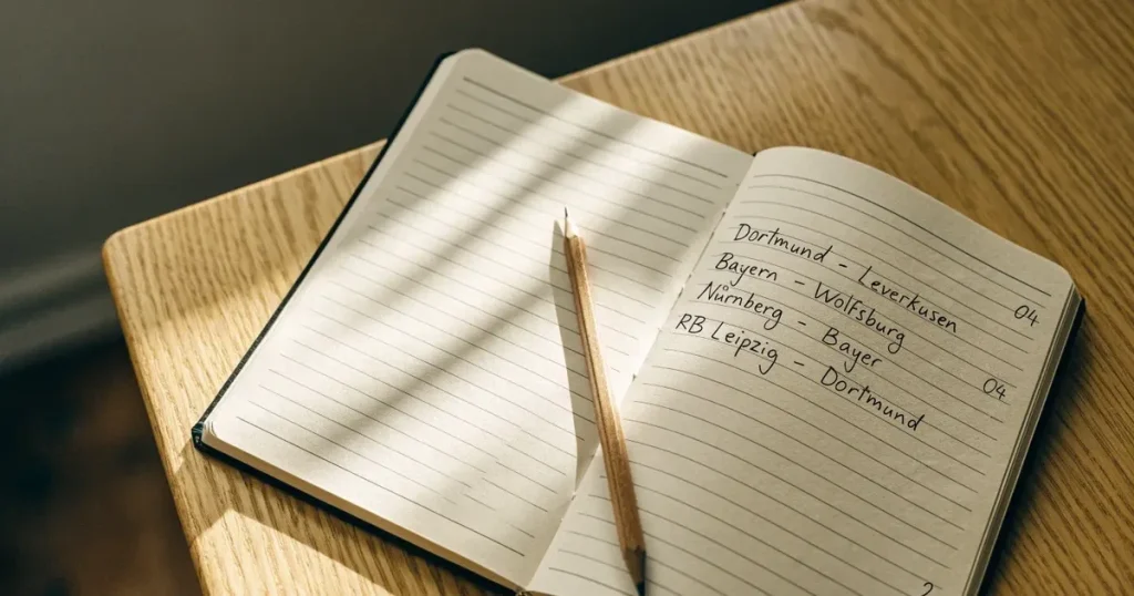 Ein aufgeschlagenes Notizbuch mit handschriftlichen Notizen und ein gespitzter Bleistift liegen auf einem hellen Holztisch im Morgenlicht.