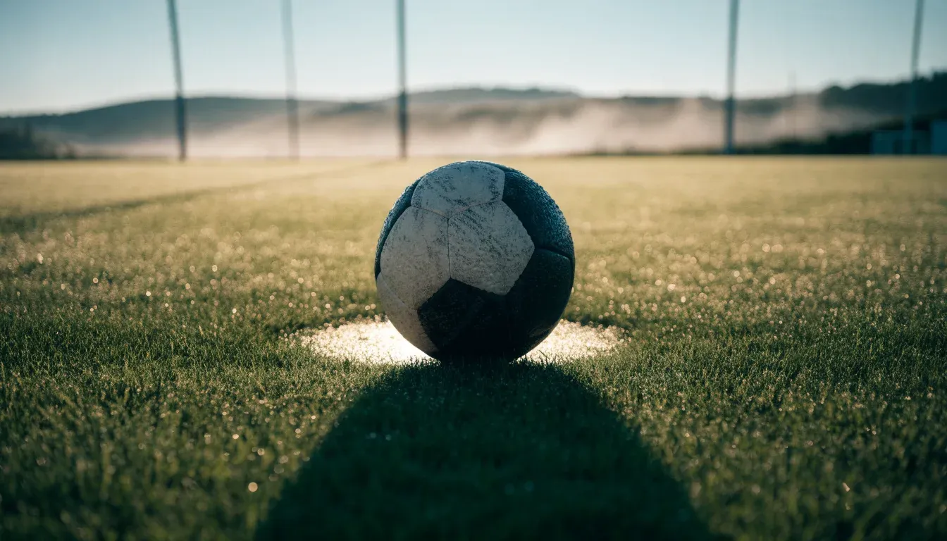 Ein Fussball liegt am frühen Morgen auf dem Anstosspunkt eines taunassen Rasens, im Hintergrund erheben sich Hügel im Dunst.