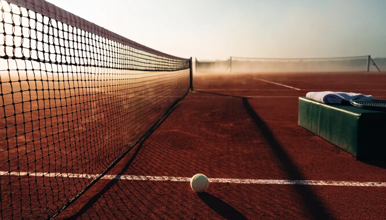 Ein Tennisplatz im Morgengrauen mit gespanntem Netz und feinem Dunst über der roten Asche.