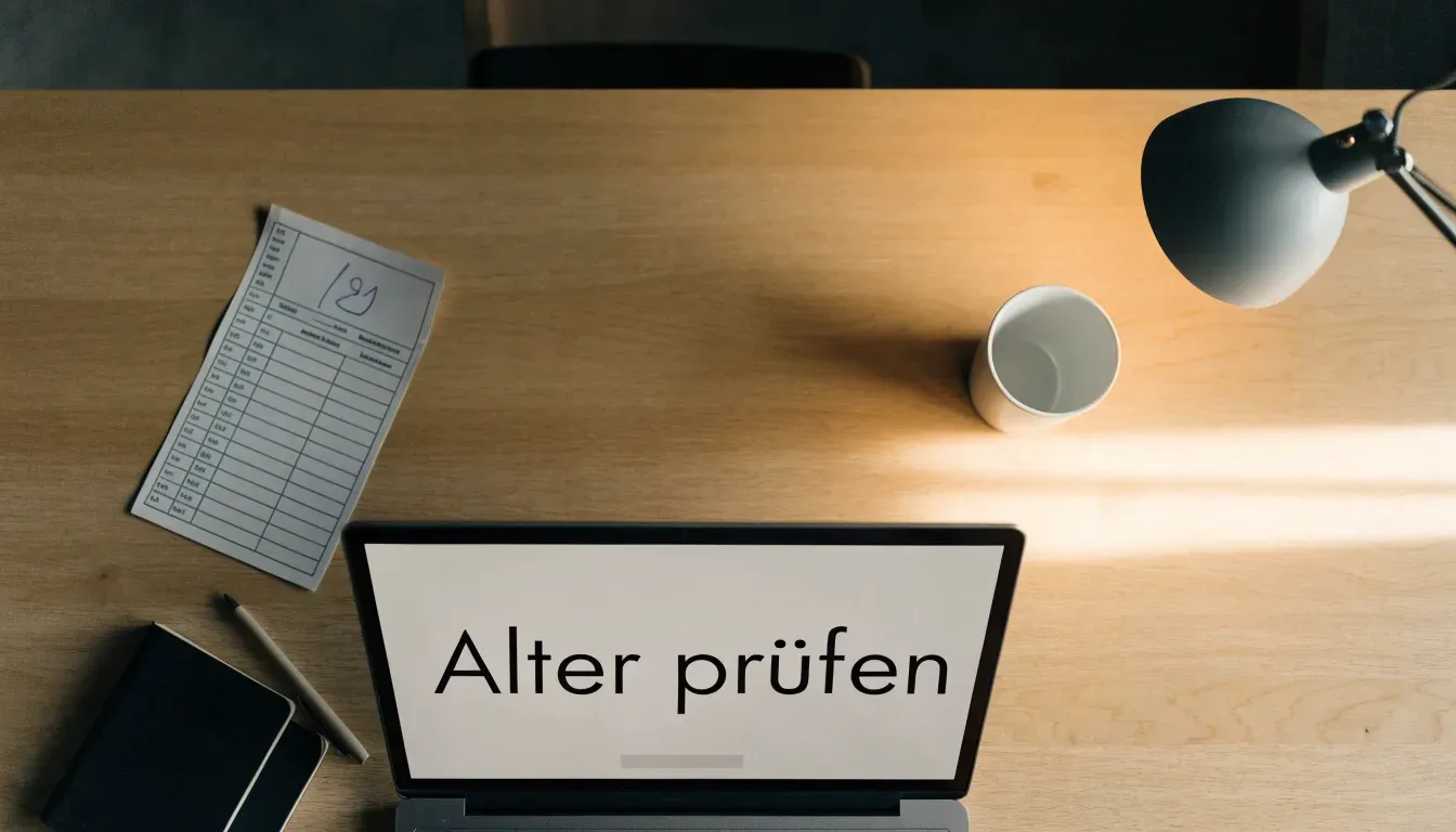 Ein Füllfederhalter und eine Lesebrille liegen auf einem dunklen Eichentisch neben einer Schale mit Äpfeln.