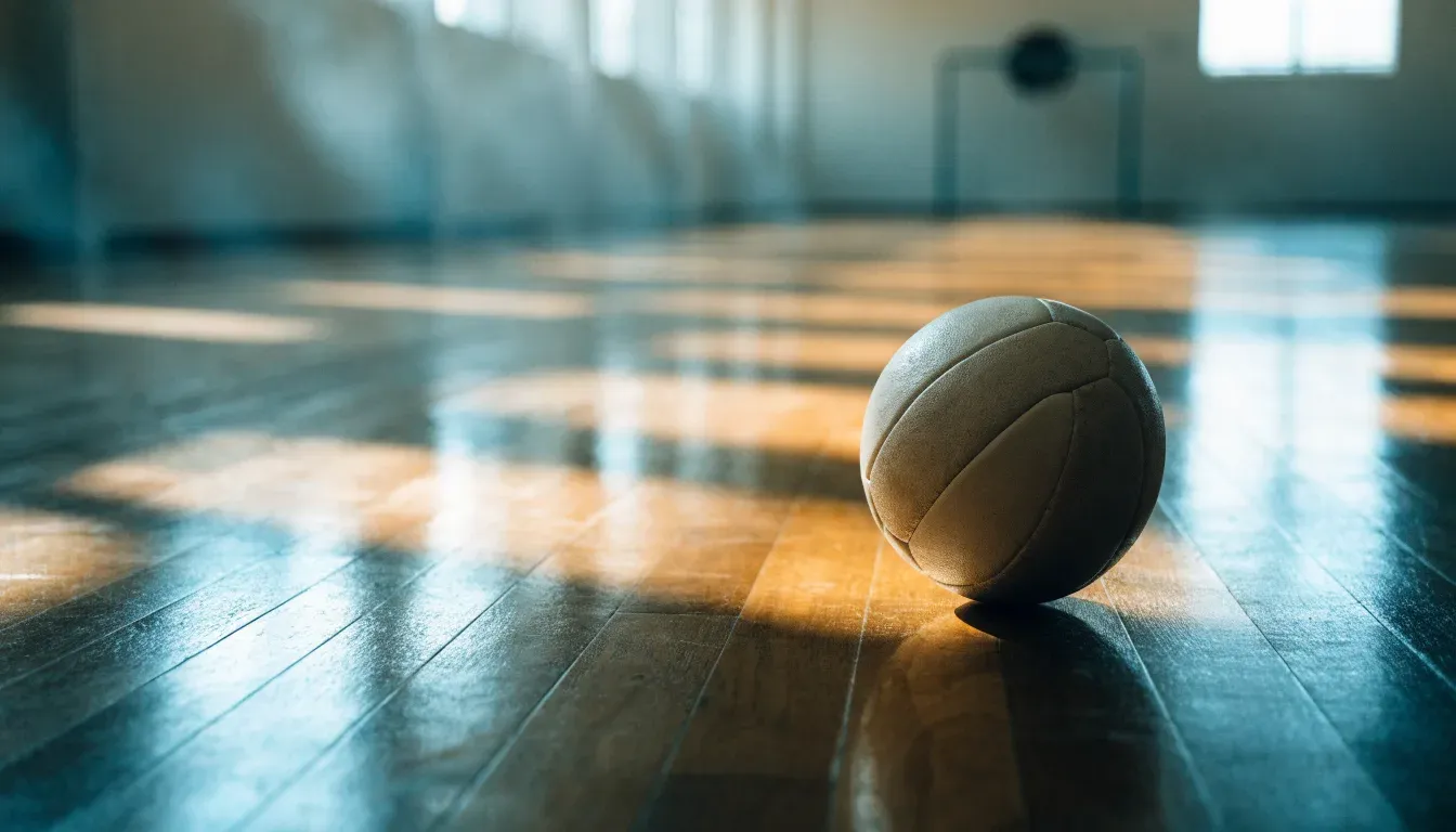 Der Boden einer Sporthalle aus poliertem Parkett mit einem einzelnen Handball in der Mitte, Licht fällt durch hohe Fenster.