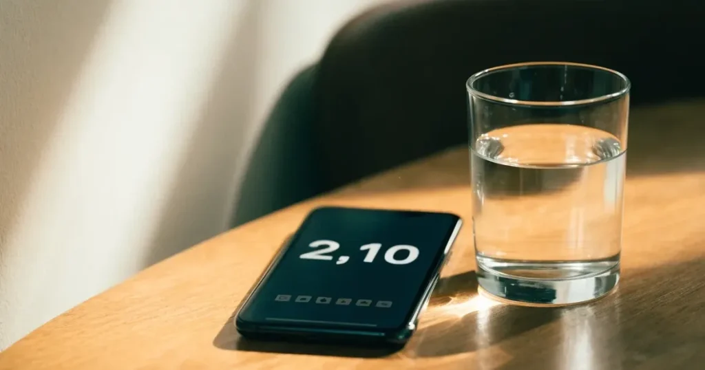 Ein Smartphone liegt mit dem Display nach unten auf einem Holztisch neben einem Wasserglas.