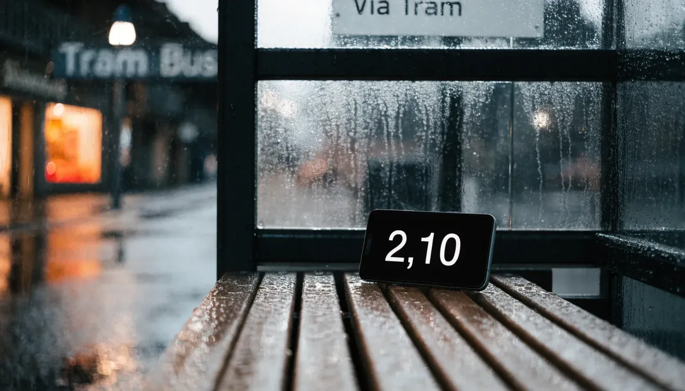 Eine Tramhaltestelle in einer Schweizer Stadt bei Regen, nasses Pflaster spiegelt das Licht.