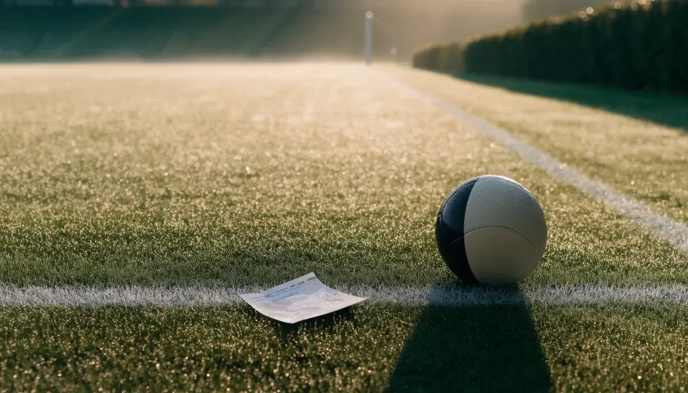 Ein Fussball ruht an der Seitenlinie im taufeuchten Gras, die ersten Sonnenstrahlen fallen schräg über den Platz.