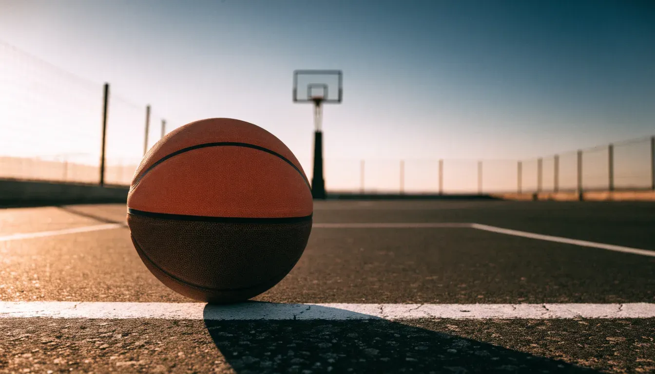 Ein Basketball liegt bei Sonnenuntergang auf einem leeren Aussenplatz, lange Schatten fallen über den Boden.