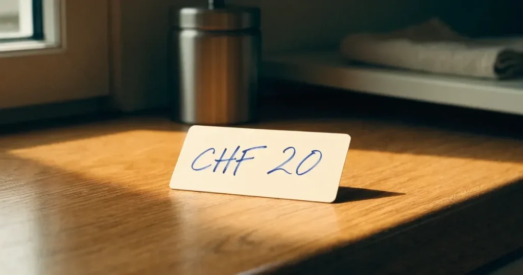 Eine leere cremefarbene Karte lehnt an einer Kaffeemühle auf einer Küchenablage.