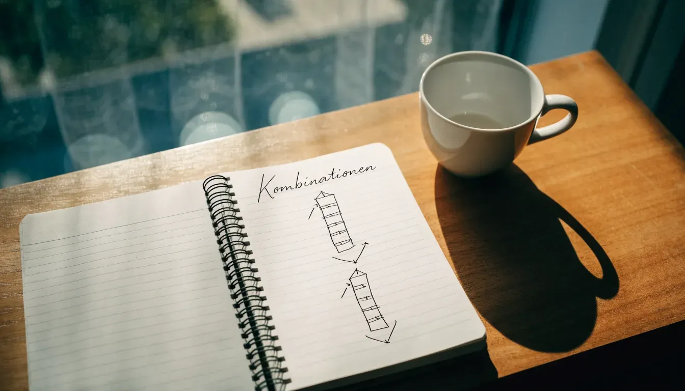 Ein aufgeschlagenes Notizbuch mit handschriftlichen Pfeilen und Kästchen liegt neben einer Kaffeetasse auf einem Schreibtisch am Fenster.