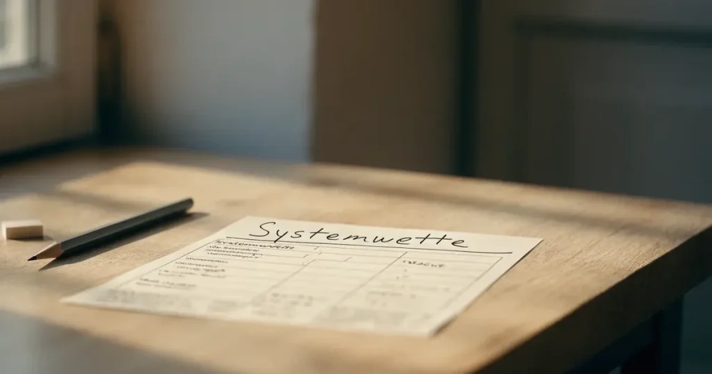 Ein leerer Wettschein aus Papier liegt neben einem Bleistift und einem Radiergummi auf einem hellen Holztisch im Tageslicht.