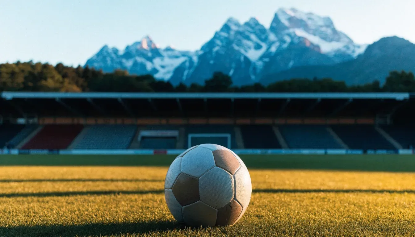 Ein Fussball liegt auf dem Rasen eines leeren Stadions am frühen Abend, dahinter erheben sich schneebedeckte Berge unter klarem Himmel.