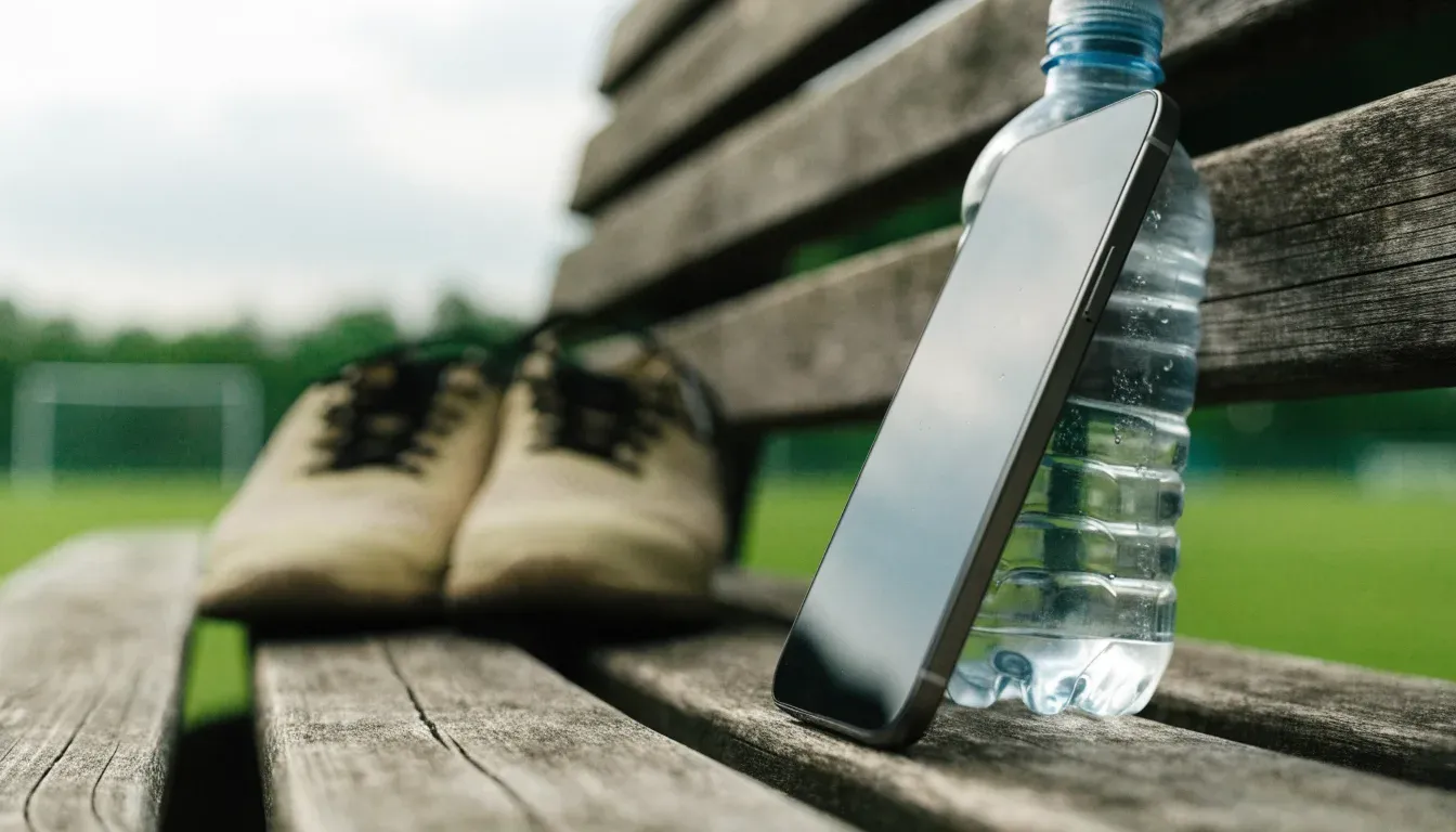 Ein Smartphone mit dunklem Bildschirm lehnt an einer Wasserflasche, daneben stehen Laufschuhe auf einer Bank am Sportplatz.