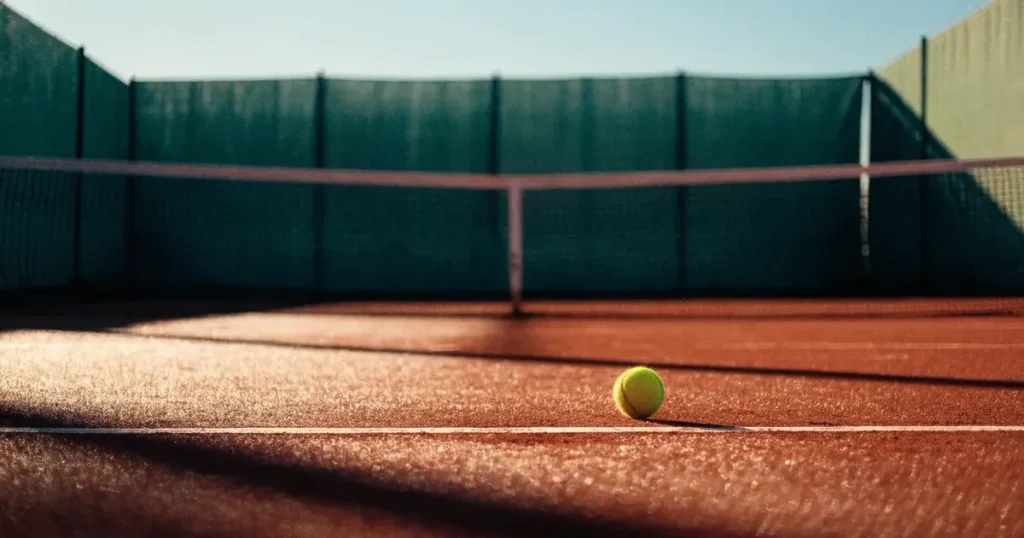 Ein Tennisplatz im ersten Morgenlicht, das Netz hängt leicht durch und auf der Grundlinie liegt ein einzelner Ball.