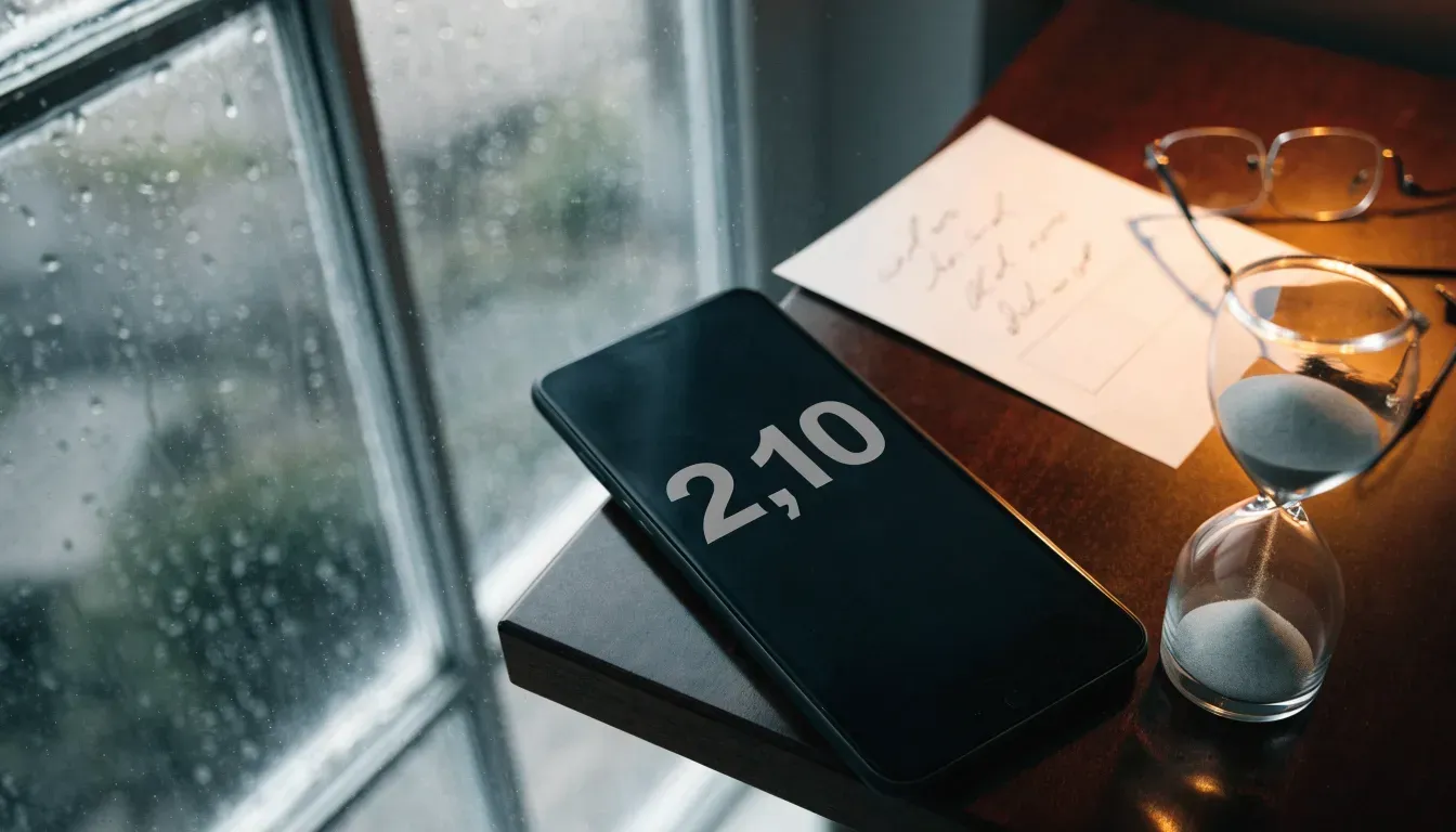 Eine Sanduhr steht auf einem Holztisch neben einer Brille, hinter dem Fenster laufen Regentropfen über das Glas.
