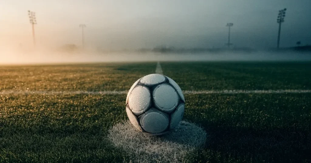 Ein Fussballplatz im Morgennebel, im Mittelkreis liegt ein einzelner Ball und der Rasen glänzt vom Tau.