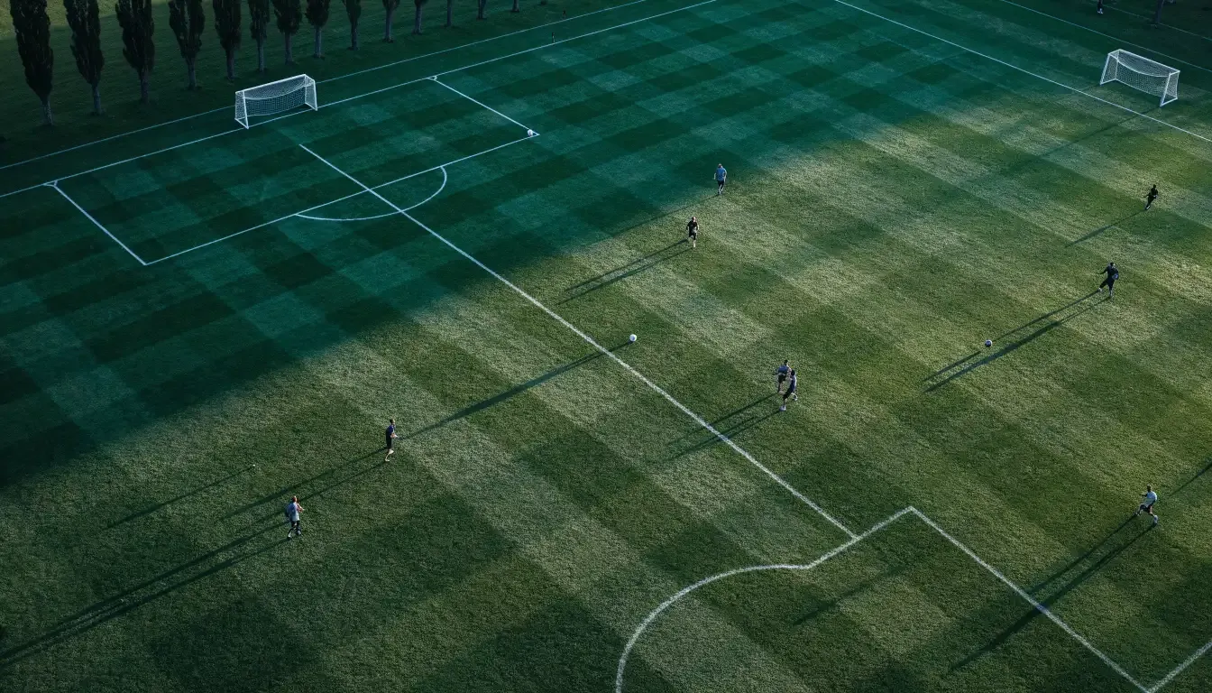 Ein leerer Fussballplatz mit weissen Linien von oben gesehen im Morgenlicht, am Rand stehen zwei Tore und eine Reihe Pappeln.