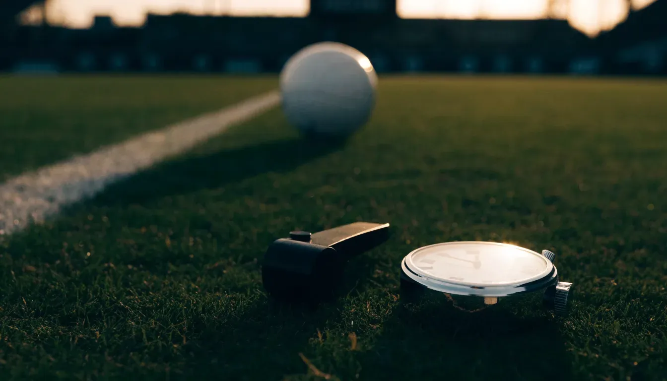 Eine Stoppuhr liegt neben einer Trillerpfeife auf einem Stück Rasen an der Seitenlinie eines Fussballfelds im Gegenlicht.